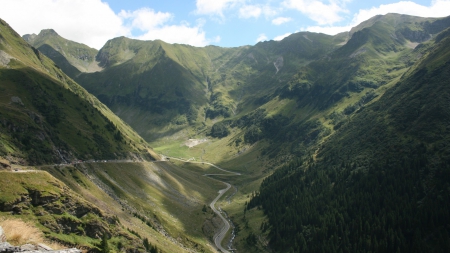 road up from the valley - road, shadows, grass, winding, mountains, valley