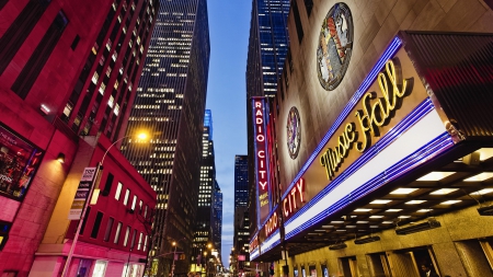 radio city music hall in new york city - lights, evening, theater, skyscrapers, city