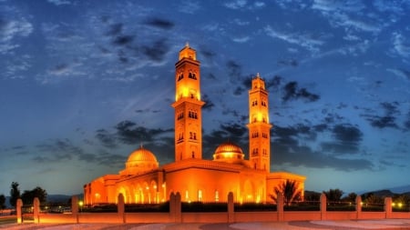 lit up beautiful mosque in istanbul at dusk hdr - lights, hdr, dusk, fence, mosque