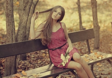 Nostalgia - woman, autumn, bench, nostalgia, flower