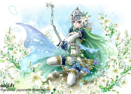 Sagittarius - pretty, anime, elegant, divine, female, blossom, maiden, green hair, long hair, arrow and bow, warrio, armor, gorgeous, weapon, nice, anime girl, archer, beautiful, girl, beauty, lovely, sweet, flower, arrow, angelice, lady, horoscope, floral, bow