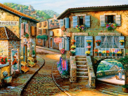 The new painting - romantic, beautiful, walk, village, flowers, street, countryside, view, painting, serenity, houses, peaceful, art, rural