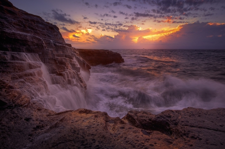 *Beautiful sunset over a stormy ocean * - ocean, nature, rocks, sunset