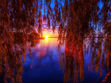 * Sunset * - lake, beautiful, trees, sunset, nature