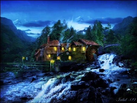 The Watermill - river, lights, creek, artwork, evening