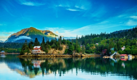 Alaska - trees, water, forest, mountain, building