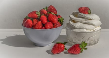 Strawberries with whipped cream - cream, strawberry, summer, bowl, food, fruit, dessert