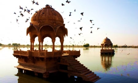 Water Gazebos - sea, birds, stairs, asia