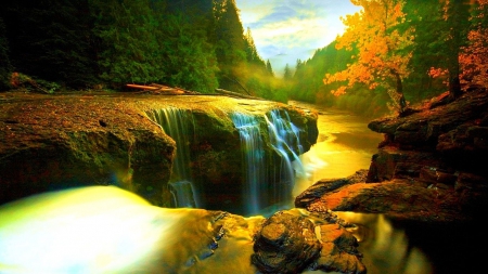 Waterfall - autumn, trees, landscape, river, water, rocks