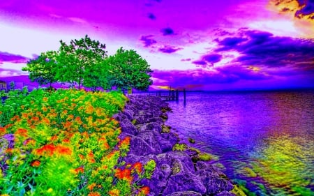 Coastal spring - lake, sky, landscape, paradise, plants, spring, rocks, nature, amazing, pretty colors, evening, clouds, colorful nature, island, splendor, flowers