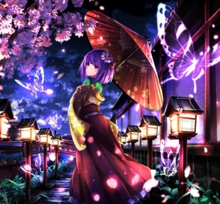 kimono girl - trees, anime, beatiful, sakura, butterflys, girl, prety, lamp, kimono, umbrella, petal, lights