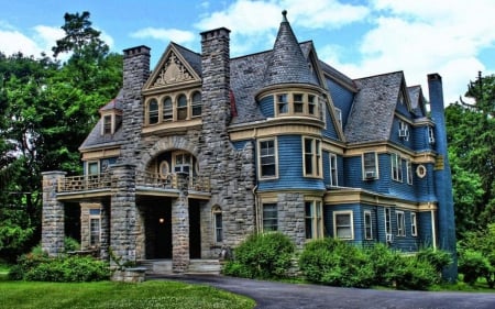 Victorian Home - clouds, house, trees, stone, blue, brick, windows, bushes, grass, architecture, home, door, nature, green, gray, sky