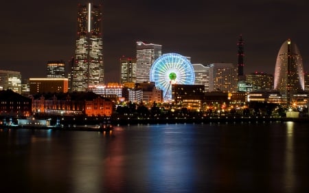 Tokyo - japan, tokyo, sea, city, night, ferris wheel, japanese