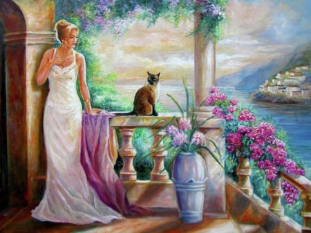 Visit with a Flurry Friend - flowers, cat, painting, lady