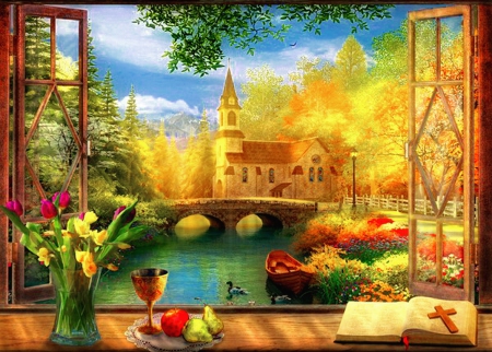 Church - window, landscape, interior, church, home, flowers, countryside, view, art, sky, vase, house, beautiful, rest, village, colorful, river, autumn, painting, bridge, rural