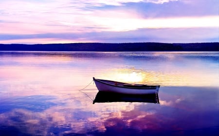 Purple World - lake, sky, water, sunset, purple sky, nature, purple, reflection, clouds, splendor, sunrise, boat