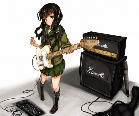 Rock With Me - guitar, anime, instrument, kantai collection, black hair, green hair, kitakami