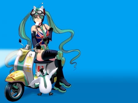 Hatsune Miku - ice cream, hatsune miku, penguin, thighhighs, ponytails, catgirl, green eyes, vocaloid, tie, shorts, anime, green hair