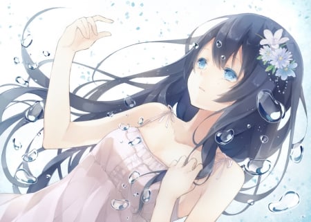 ~Floating Tears~ - pretty, tears, anime, dress, girl, long hair, flowers, bubbles, black hair, blue eyes