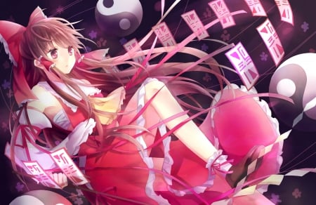 Hakurei Reimu - anime, skirt, brown hair, long hair, red eyes, cards, japanese clothes, touhou, socks, hakurei reimu