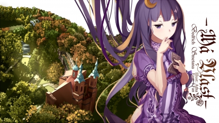 Patchouli Knowledge - building, patchouli knowledge, long hair, purple hair, book, touhou, forest, anime, dress