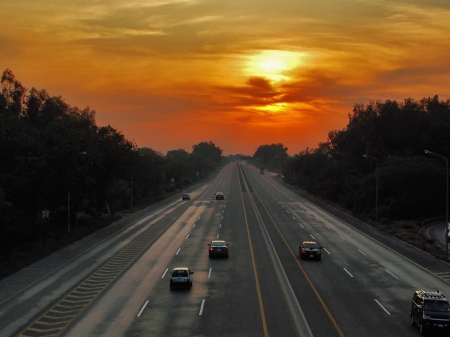 Sunset - cars, highway, sunset, road