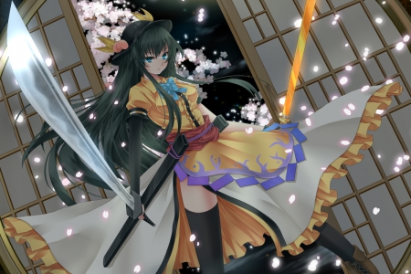 Sword Mingju - nice, female, swords, hat, anime girl, stockings, blade, black hair, touhou, pretty, sinister, petals, anime, hinanawi tenshi, sword, girl, blue eyes, long hair, night, wallpaper, gown, lovely, hd, floral, blossom, weapon, sweet, green hair, dress, flower