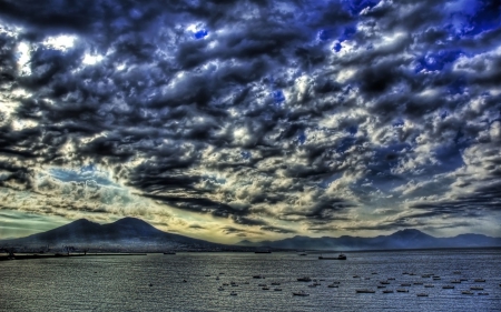 gorgeous cloud covered bay hdr - sky, mountains, clouds, bay, boats, hdr