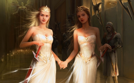 Princesses - woman, princess, girl, fantasy, white, art, game, twins, sword, dress