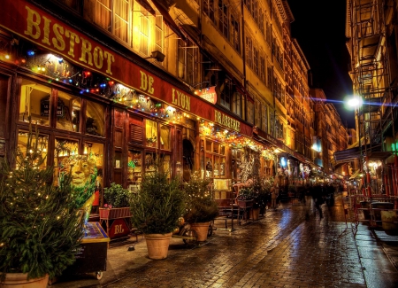 restaurant on a side street in lyon at night hdr - cobblestones, restaurant, street, lights, city, night, hdr