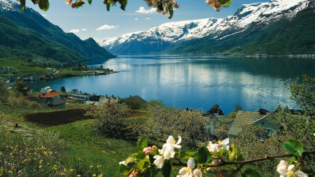 lovely village on a beautiful lake - village, shore, snow, lake, mountains