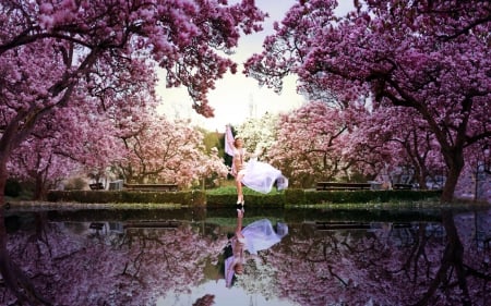 Springtime Dance - blossoms, water, reflection, woman, magnolia