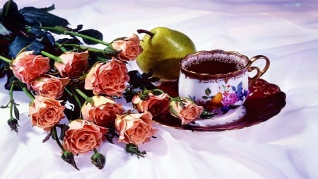 Tea Time - roses, porcelain, bouquet, still life, cup