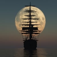 silhouette of a tall ship under huge moon