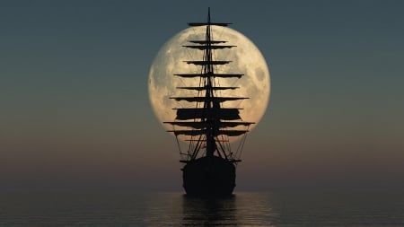 silhouette of a tall ship under huge moon - moon, silhouette, sail ship, sea