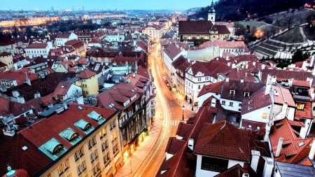 lit street in prague at dusk - street, dusk, hill, lights, city