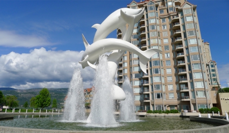 Dolphins Fountain - fountain, lake, flow, water, park