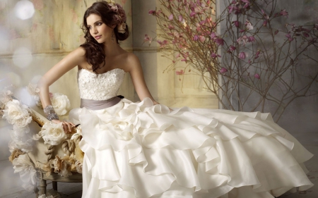 Waiting.... - flowers, white gown, wedding dress, beautiful