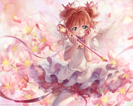 Kinomoto Sakura - pretty, anime, female, blossom, d, dress, angel, cardcaptor, hd, card captor sakura, nice, kinomoto sakura, kinomoto, anime girl, sakura, beautiful, girl, beauty, lovely, brown hair, sweet, flower, petals, magical girl, sakura kinomoto, cardcaptor sakura, floral