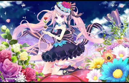 Pretty Flowers - nice, beauty, female, roses, twintail, anime girl, elegant, angelic, gorgeous, pretty, petals, anime, twin tail, maiden, lady, girl, twintails, long hair, loli, gown, lovely, divine, hd, floral, twin tails, beautiful, blossom, sweet, dress, lolita, flower