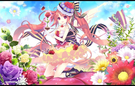 Pretty Flowers - roses, pretty, twin tail, female, wing, blossom, maiden, nice, gown, beauty, flower, petals, lady, wings, floral, anime, elegant, divine, twintail, dress, long hair, lolita, gorgeous, hd, loli, twin tails, anime girl, twintails, beautiful, girl, lovely, sweet, angelic, fairy