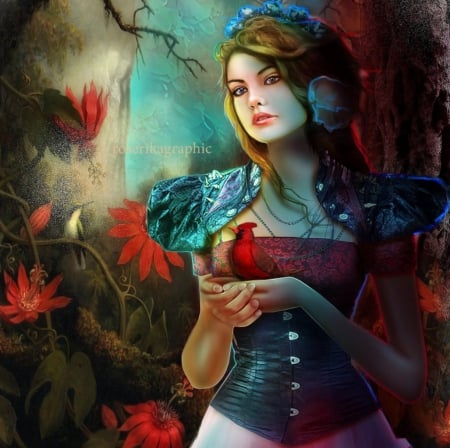 Red Garden - girls, love four seasons, seasons, photomanipulation, model, beautiful, girl, butterfly designs, fantasy, lady, softness beauty, birds, fantasy girls, red, pretty, bird, flowers, spring, weird things people wear, digital art, beautiful girls, garden, creative pre-made, lovely, backgrounds, colors