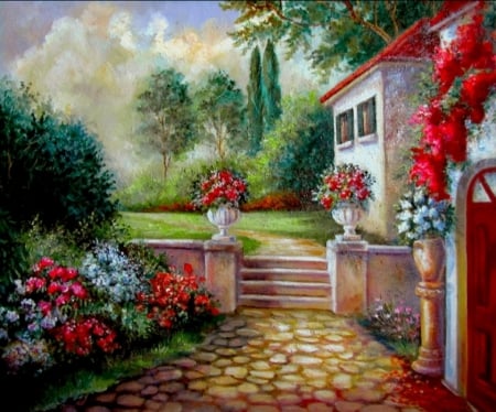 Italian villa with Garden - house, villa, painting, garden