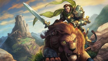 lion rider - war, lion, castle, sword, fantasy