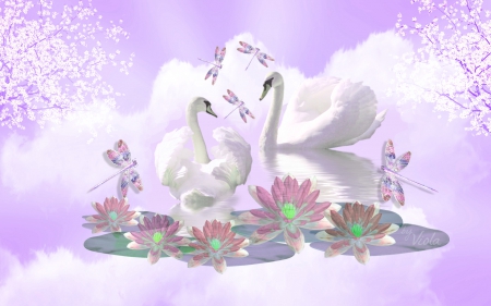 Soft Swans - purple, water, soft, dragonflies, sky, swan, pond, clouds, violet, water lily, swans, viola tricolor