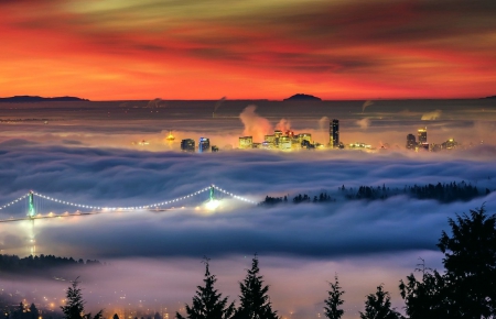 Fog over Vancouver - canada, fog, sunset, bridge, buildings