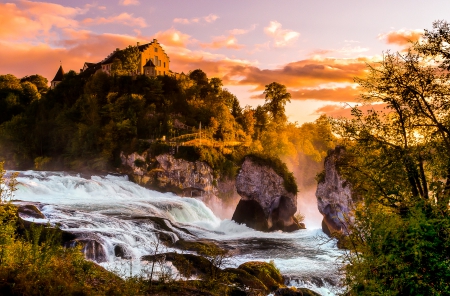 * Waterfll * - nature, sky, sunset, waterfall, rocks