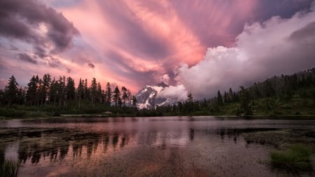 wondrous landscape - clouds, lake, forest, mountain