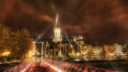 beautiful lit bridge in lyon france hdr - church, clouds, river, city, night, hdr, bridge, lights