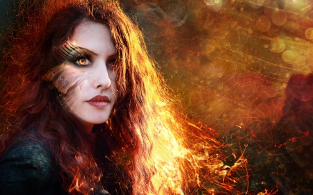 Fantasy girl - feather, fire, fantasy, peacock, girl, woman, redhead